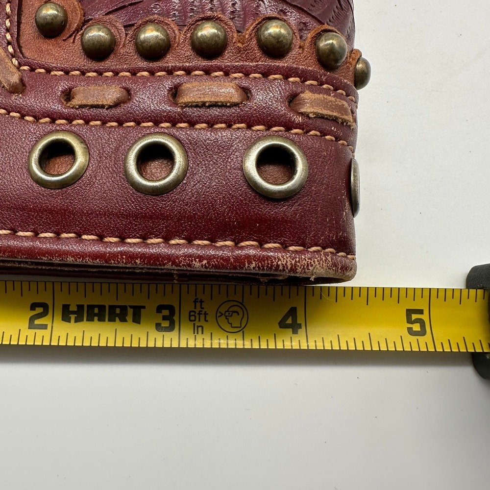 American West Wallet Burgundy Brown Floral Tooled Studded Leather Trifold - Picture 11 of 11
